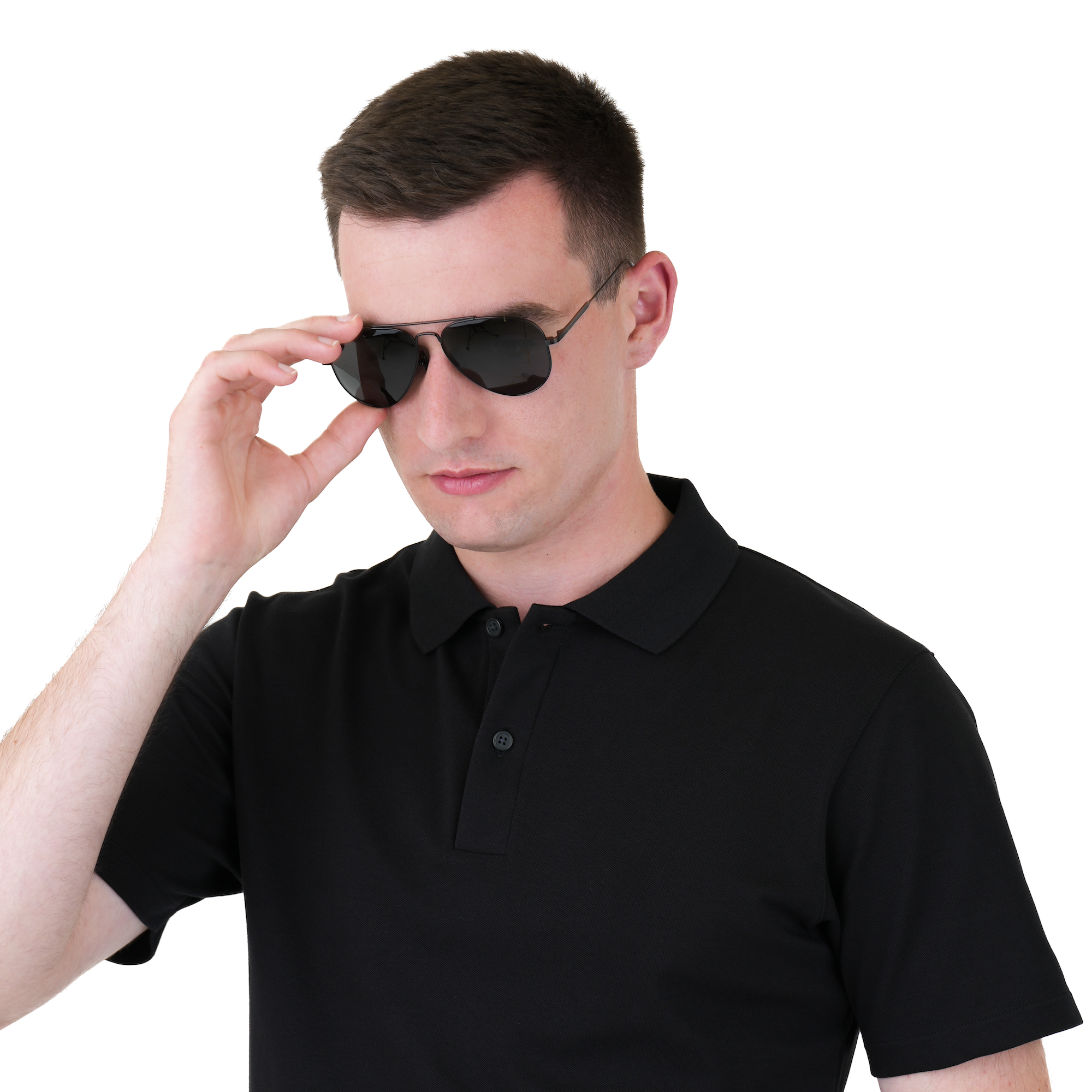 A man wearing a black short-sleeve polo shirt and black aviator sunglasses, posing against a solid white background.
