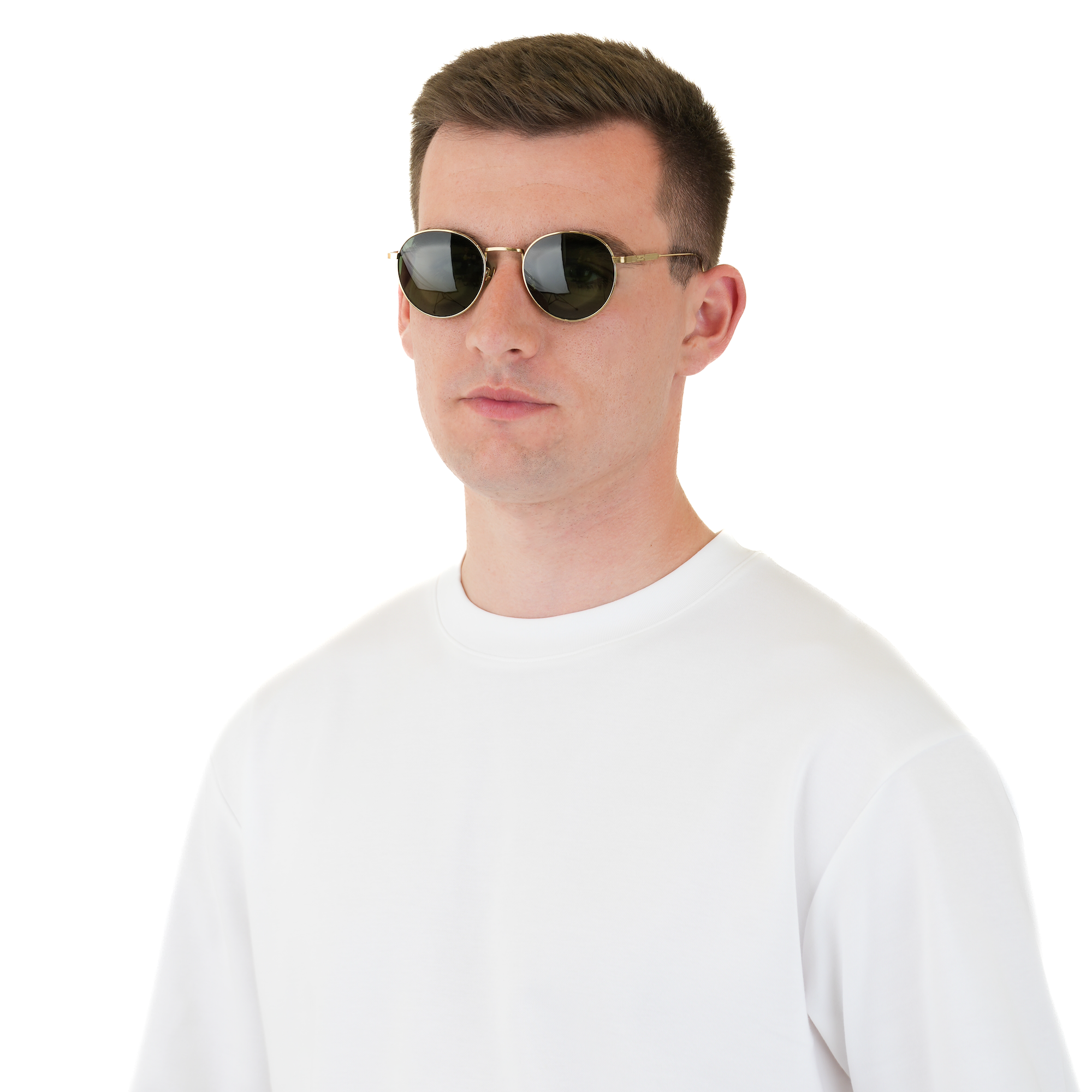 A man wearing round dark sunglasses with thin gold metal frames and a plain white t-shirt, photographed against a solid white background.