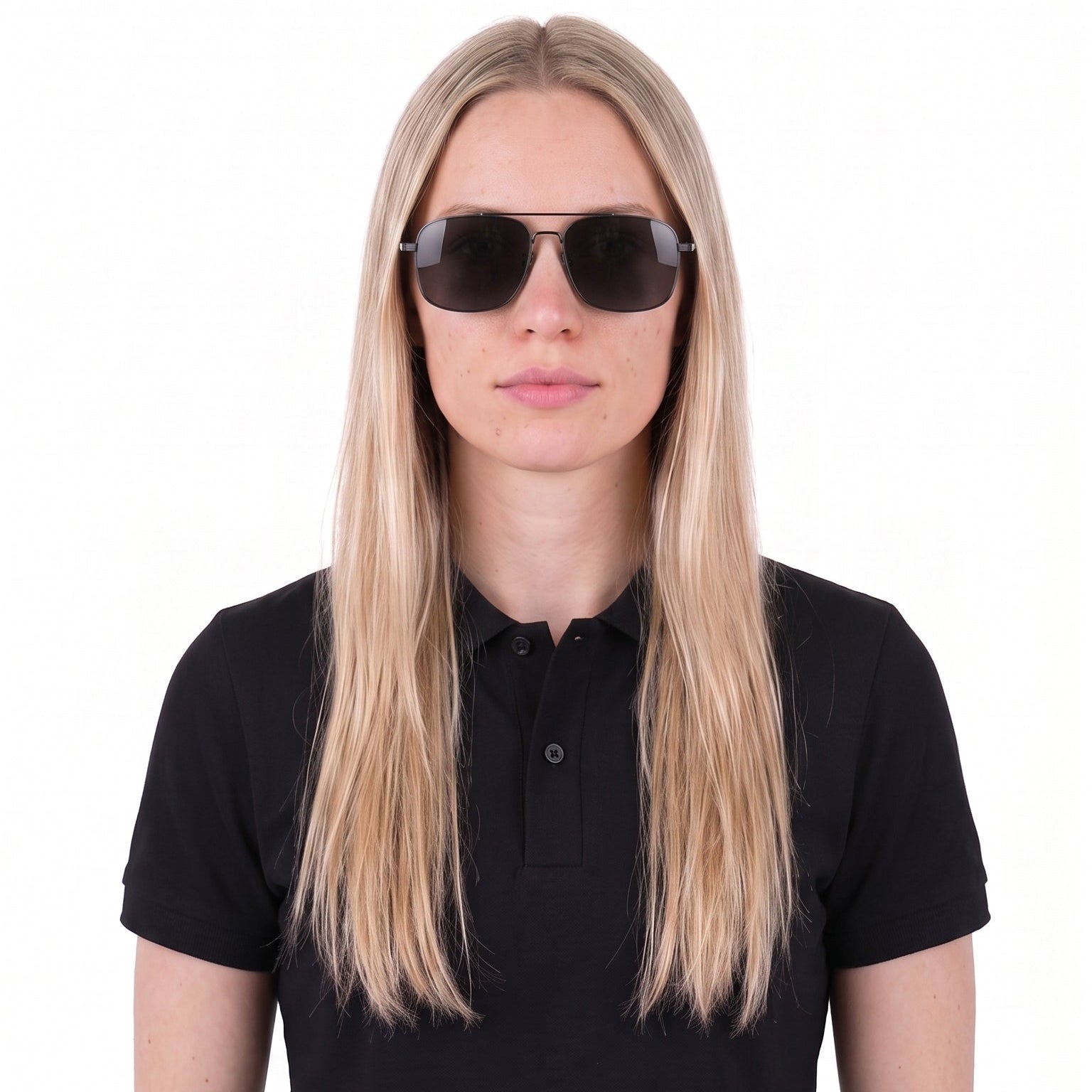A woman with long blonde hair wearing a black short-sleeve polo shirt and dark sunglasses, standing against a plain white background.