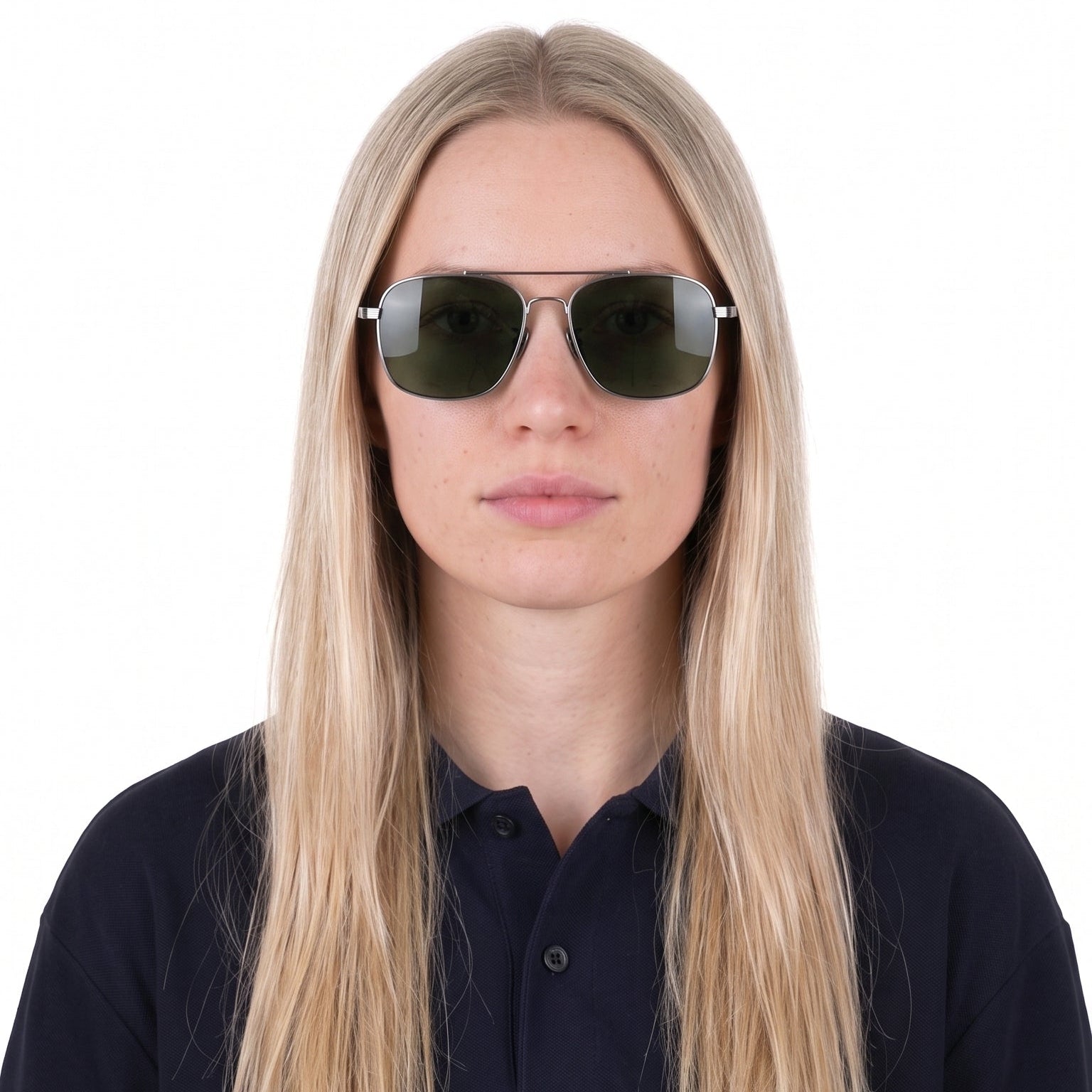 A woman with long blonde hair wearing aviator sunglasses with dark lenses and a dark navy polo shirt, photographed against a solid white background.