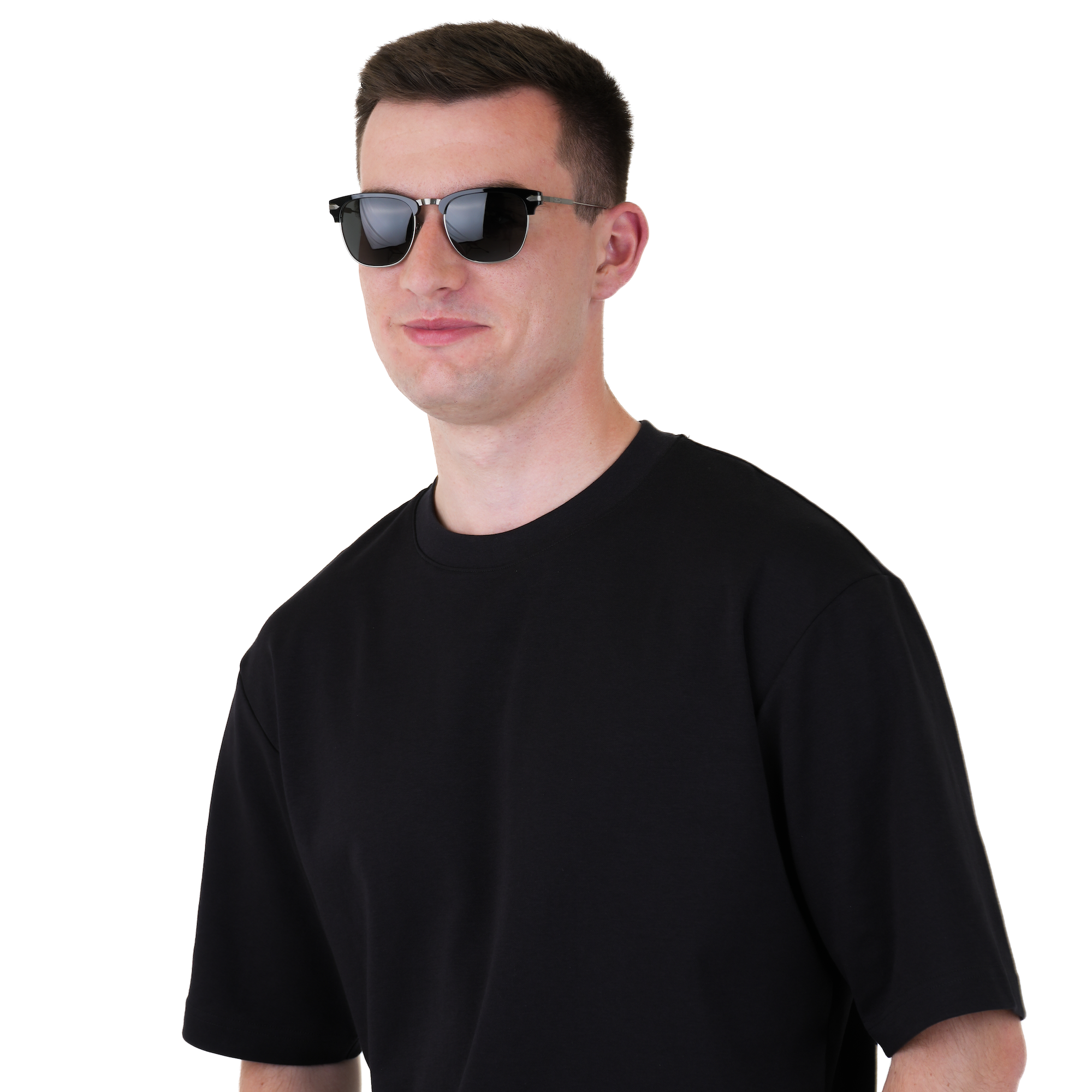 A man wearing a plain black short-sleeve t-shirt and black sunglasses, photographed against a solid white background.