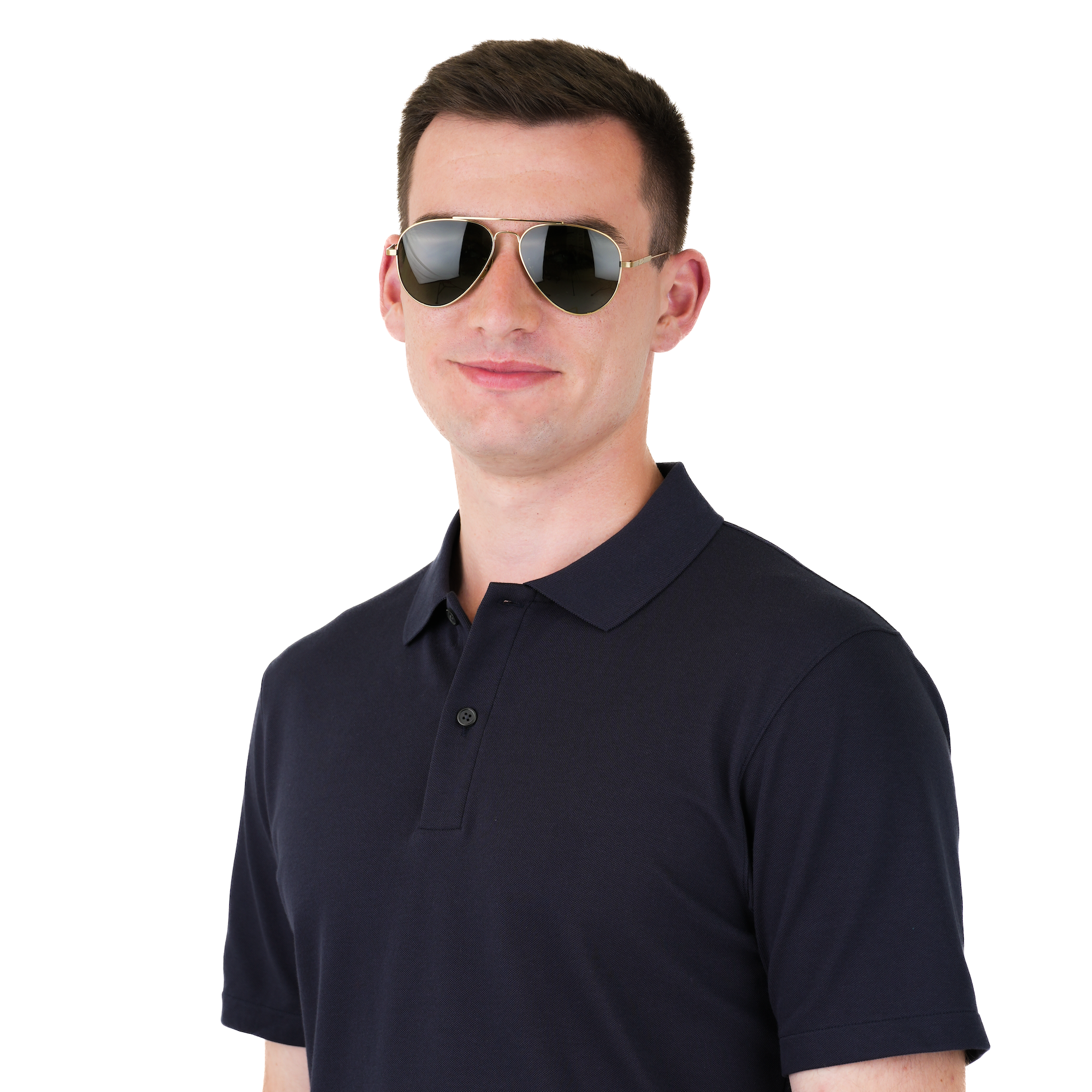 A man wearing a dark navy blue short-sleeve polo shirt and aviator sunglasses, standing against a solid white background.
