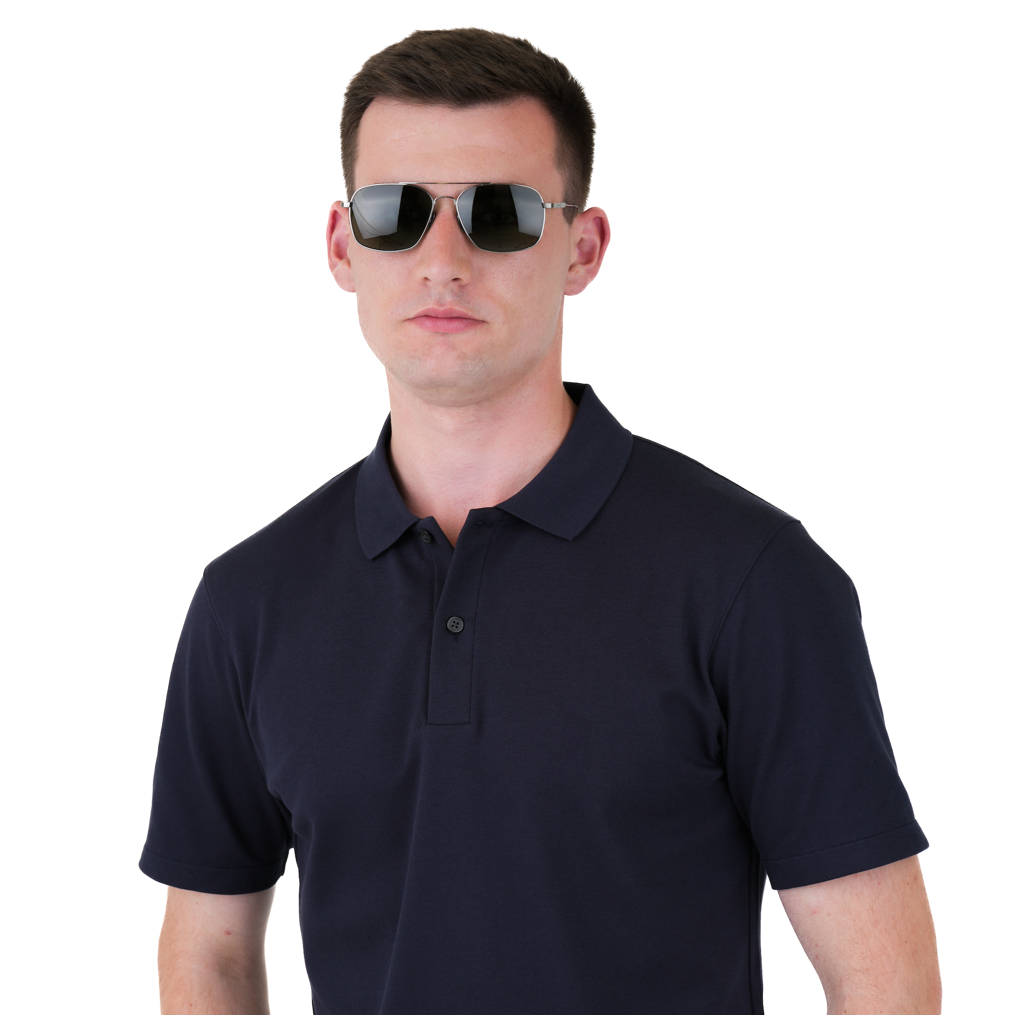 A man wearing a dark navy blue short-sleeve polo shirt and aviator sunglasses, standing against a solid white background.
