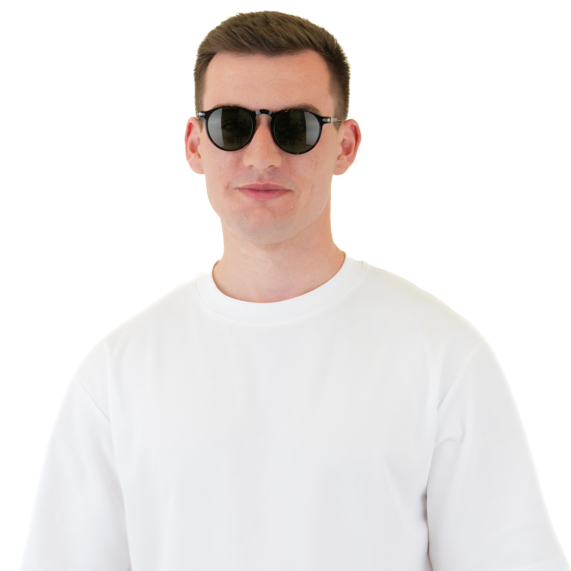 A man wearing black aviator-style sunglasses and a plain white t-shirt, photographed against a solid white background.