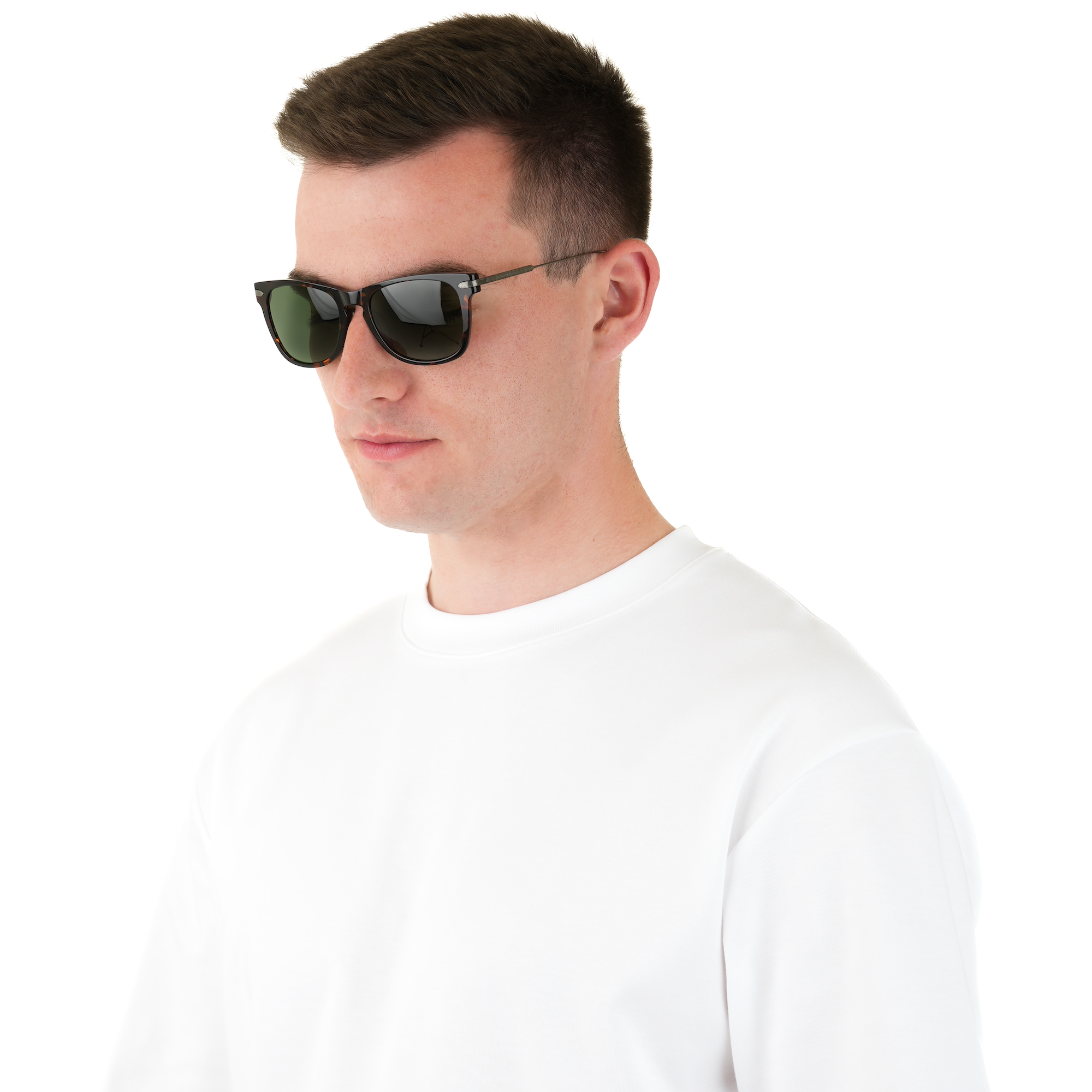 A man wearing black sunglasses and a plain white t-shirt, photographed from the chest up against a solid white background.