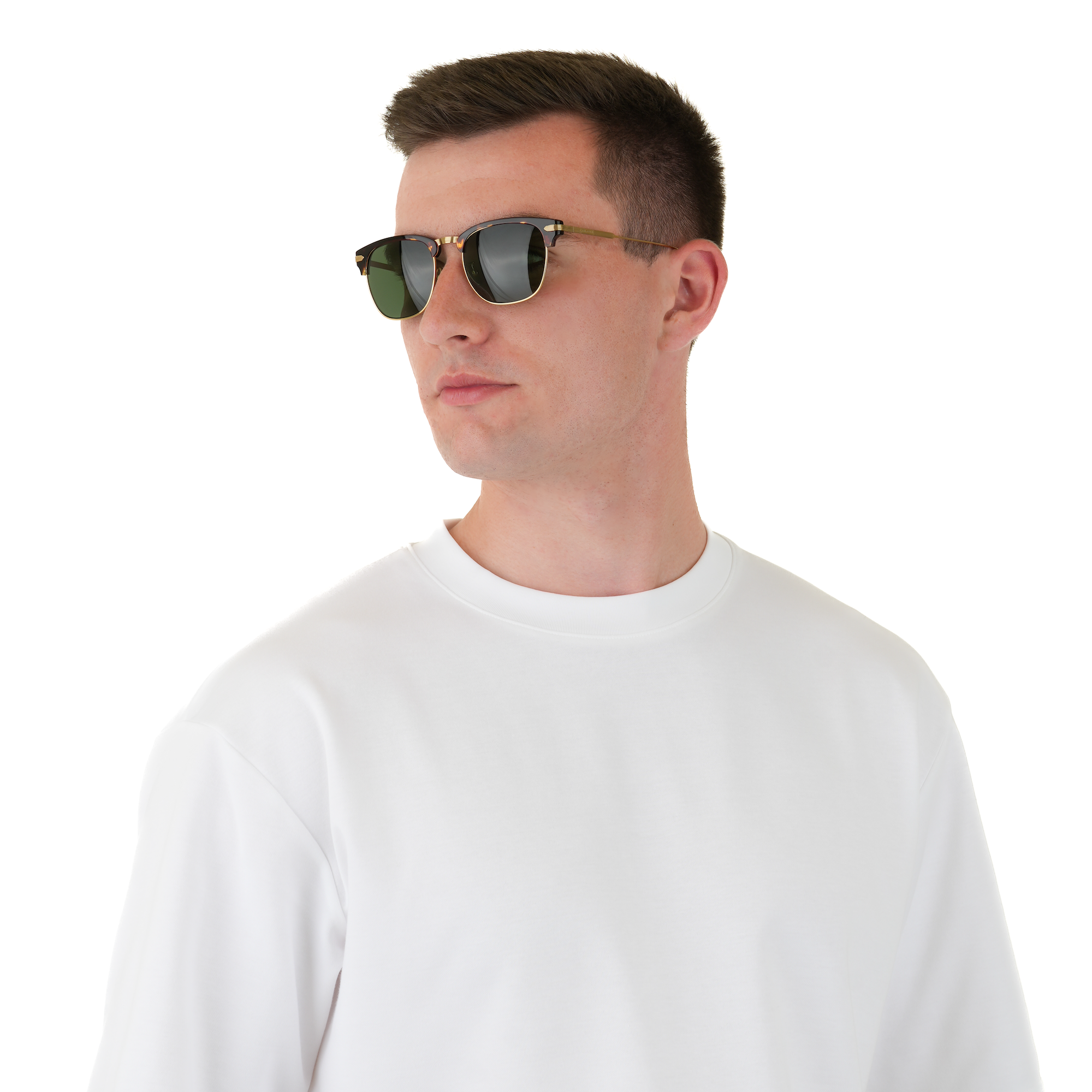 A man wearing a plain white crew-neck t-shirt and dark sunglasses, shown from the chest up against a solid white background.