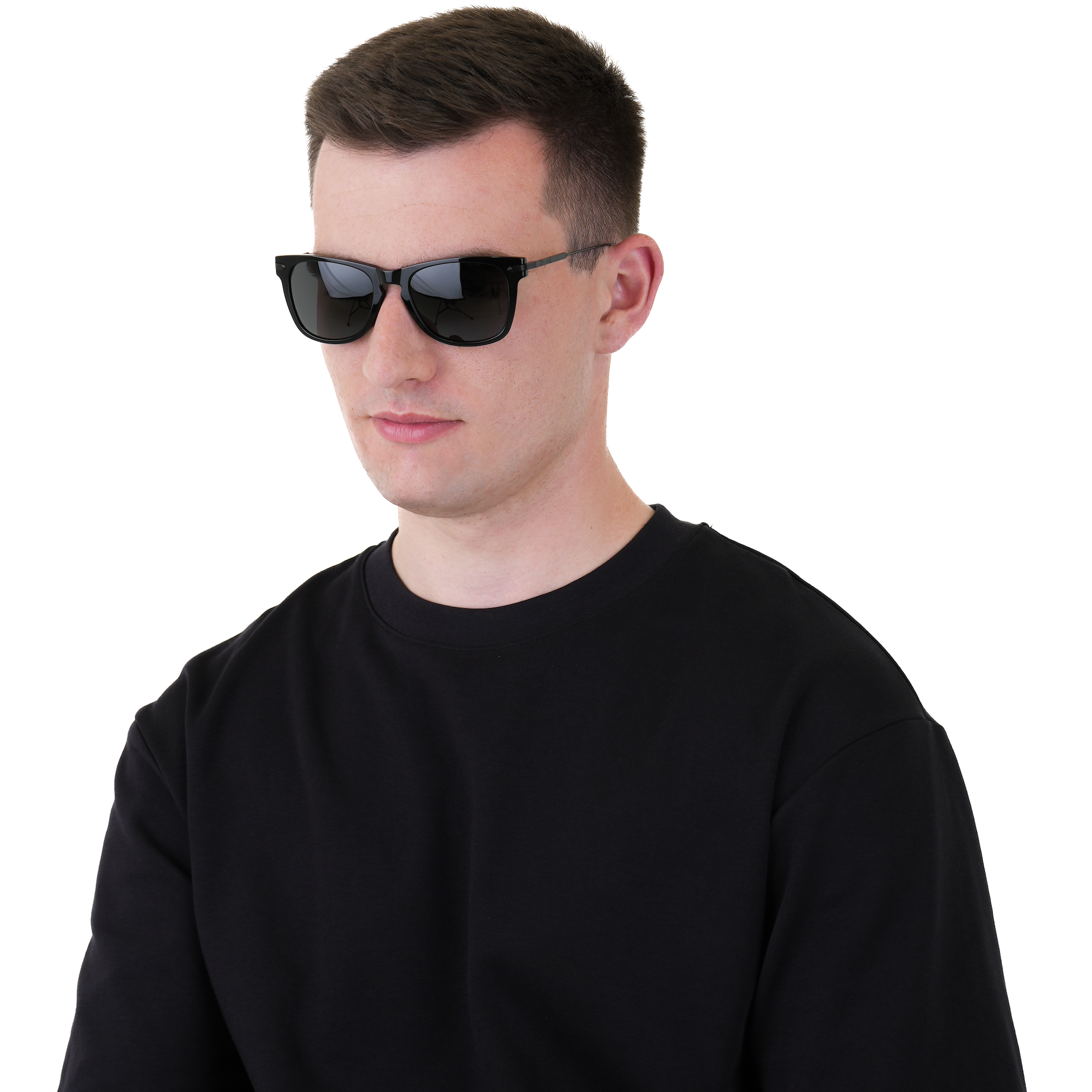 A man wearing black sunglasses and a black t-shirt, shown from the chest up against a solid white background.
