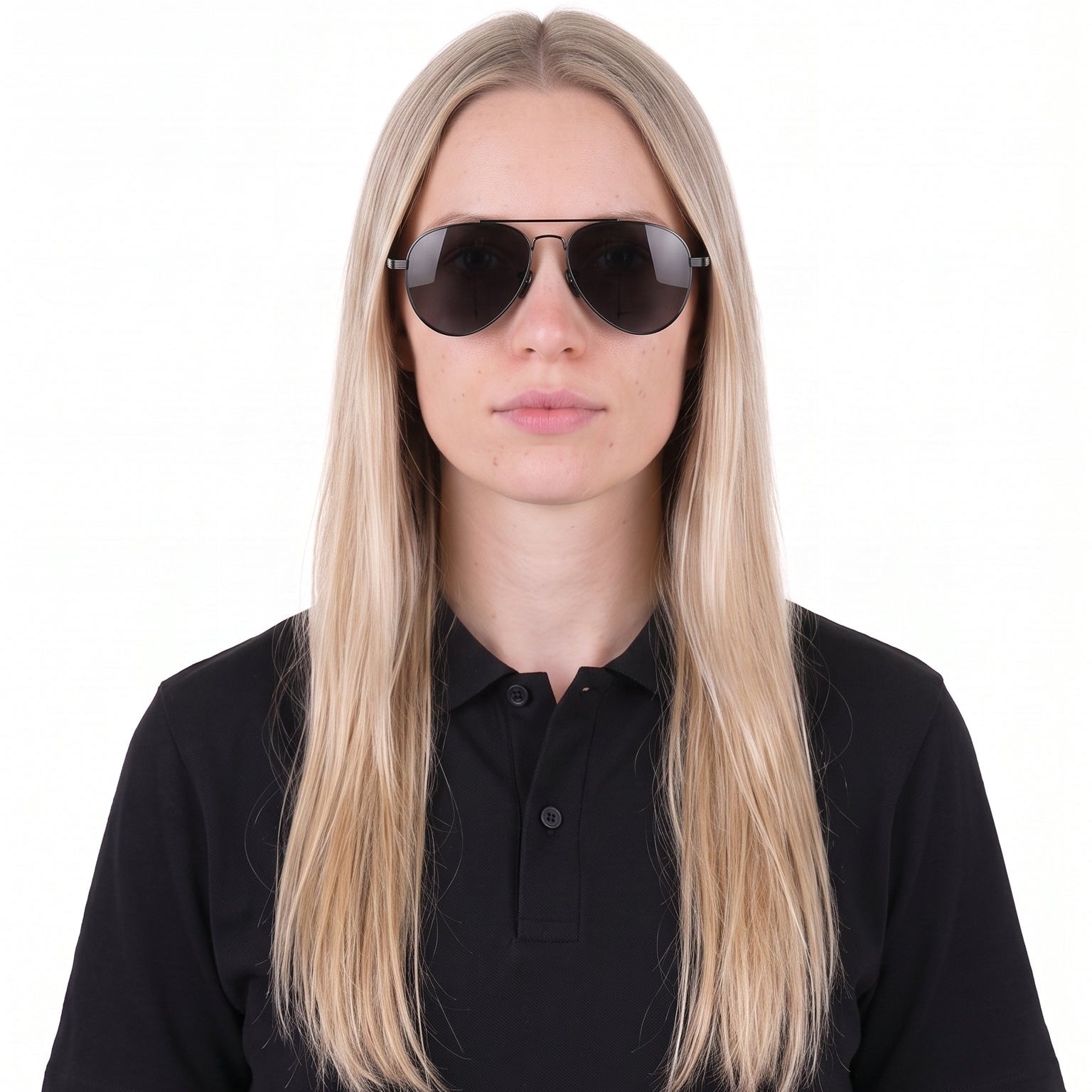 A woman with long blonde hair wearing black aviator sunglasses and a black short-sleeve polo shirt, shown against a plain white background.