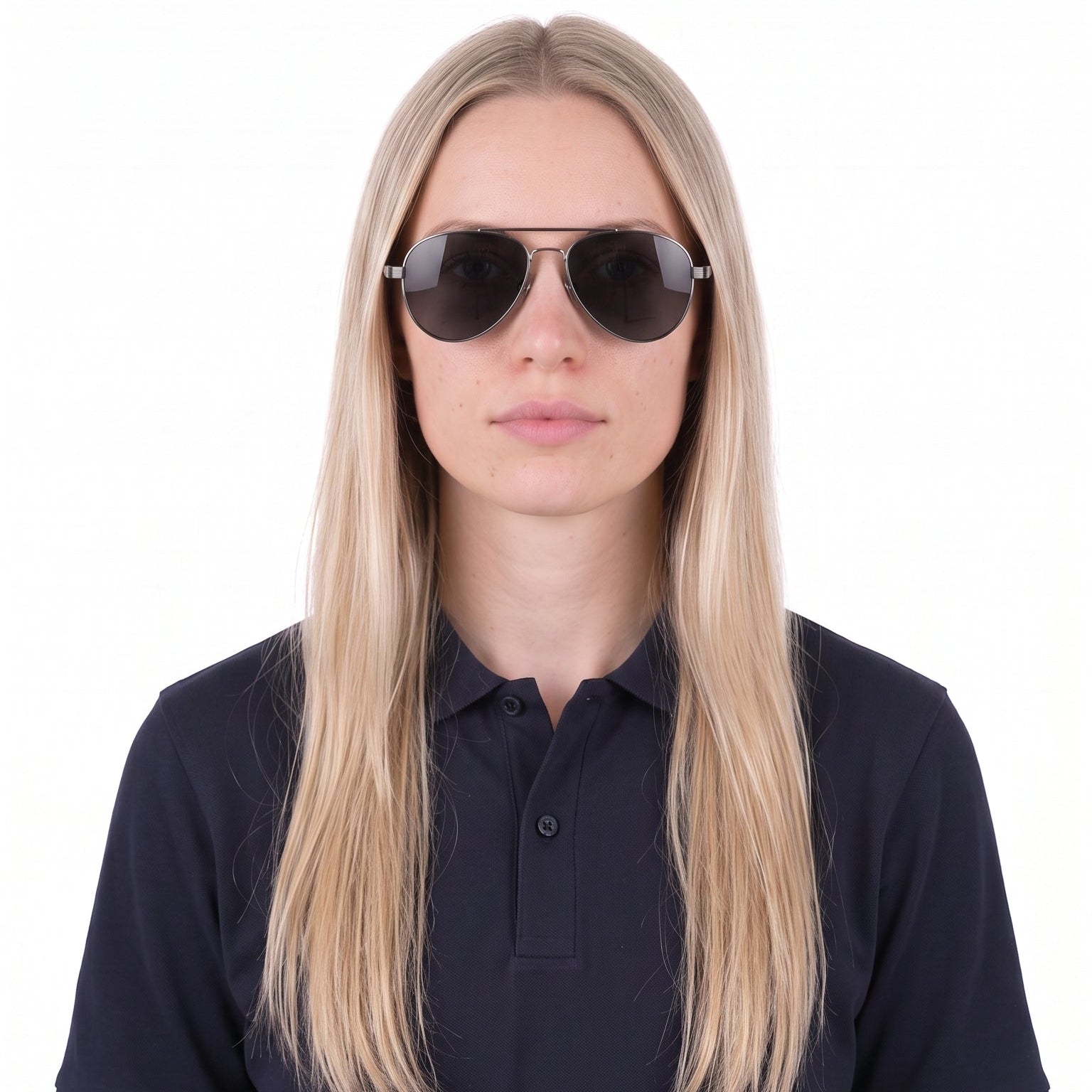 A woman with long blonde hair wearing a dark navy polo shirt and aviator sunglasses, shown from the chest up against a plain white background.